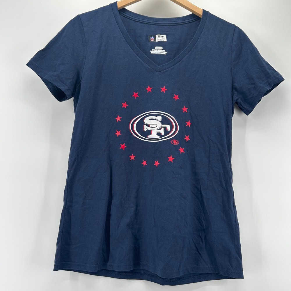 NFL Team Apparel San Francisco 49ers T-Shirt Womens Small Navy Blue V-Neck Stars